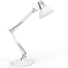 LEPOWER Metal Desk Lamp, Adjustable Goose Neck Architect Table Lamp with On/Off Switch, Swing Arm Desk Lamp with Clamp, Eye-Caring Reading Lamp for Bedroom, Study Room &Office (White)