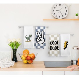 NOQL Trendy Checkered Boys Hand Towels Set of 4, Boys Bathroom Decor, Dinasours Gifts Dish Tea Towels for Kitchen, Blue Brown Checkered Drying Cloth Hand Towels for Kids Boys Bathroom, 16x24 Inches