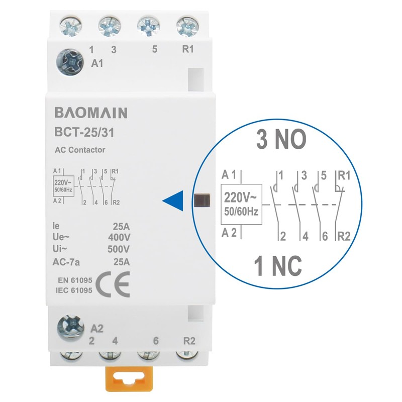 Baomain 220V AC 4-Pole Modular Contactor, 25A 3NO1NC Normally Open