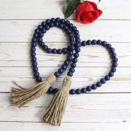 CVHOMEDECO. Wood Beads Garland with Tassels Farmhouse Rustic Wooden Prayer Bead String Wall Hanging Accent for Home Festival Decor. Navy Blue