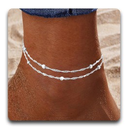 DOA Adjustable Women's Anklets, Double Layered Ankle Bracelets for Women, Beaded Beach Anklet, 925 Silver Plated Anklets for Women