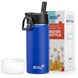 Mollcity 16 oz Water Bottle for Kids with Straw-Stainless Steel Double Wall Vacuum Insulated Wide Mouth Water Bottles for School, Leak-Proof Travel Water Flask(Navy)