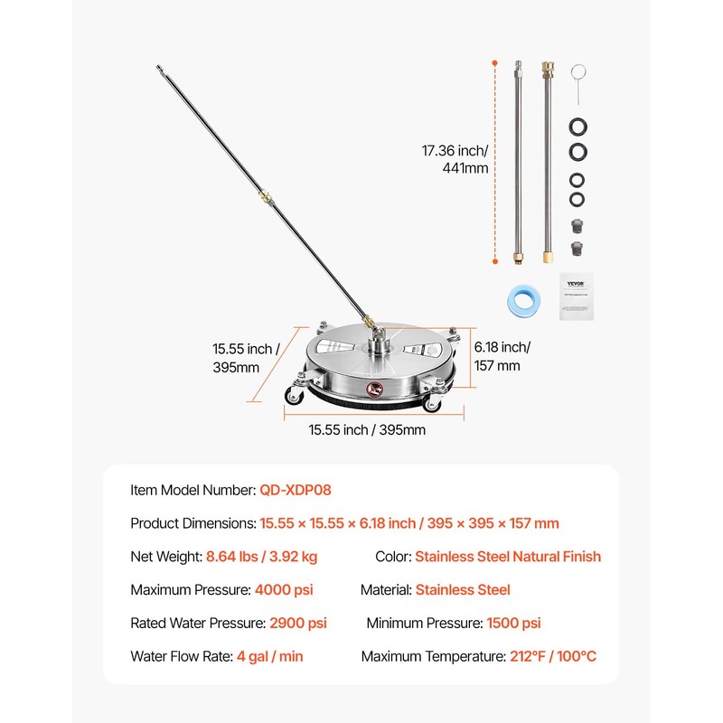 VEVOR 15 Inch Pressure Washer Surface Cleaner, 4000 PSI Stainless