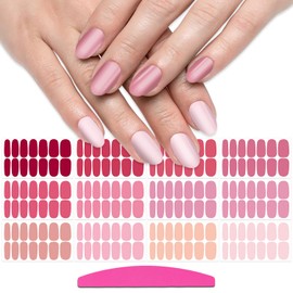 SILPECWEE 12 Sheets Pink Nail Polish Stickers Full Nail Wraps Bright Solid Color Gel Nail Strips Self Adhesive Nail Polish Strips Fingernail Sticker Nails for Women with Nail File