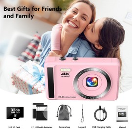 4K Digital Camera - 44MP UHD Point and Shoot Camera with Autofocus, 16X Zoom - Compact Vlogging Camera for Kids, Teens, Boys & Girls - Includes 32GB SD Card & 2 Batteries