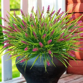 obbsie 36 Bundles Artificial Plants Outdoor, 18.2" UV Resistant Faux Monkey Grass Greenery Stems No Fade Faux Plastic Flowers Shrubs for Home Weddings Garden Porch Front Patio Office Decor - Rose Red