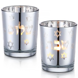 Honeydak Set of 2 Shabbat Candles Holders Silver Jewish Judaica Gift Set Electroplated Glass Modern Shabbat Candlestick Holders for Tea Lights Hanukkah Gifts