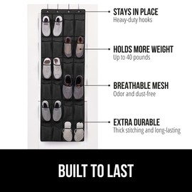 Gorilla Grip Over the Door Shoe Organizer, 2 Pack, 24 Breathable Mesh Pockets, Space Saving Hanging Storage Holder, Closet Rack Hanger Holds Up to 40 lbs, Hangs on Closets, Shoes, Accessories, Black