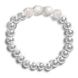 happymaker - Silberringe Damen 925 Mondstein, Silber Perlen mit Edelsteinperlen auf elastischem Band, Mondstein Ring Frauen, Silber Schmuck