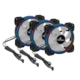 YEYIAN Kit de 3 Ventiladores RGB 120 MM, 1300 RPM con Control Inalambrico, HUB con Capacidad de 10 Ventiladores, 2 Tiras LED Incluidas.