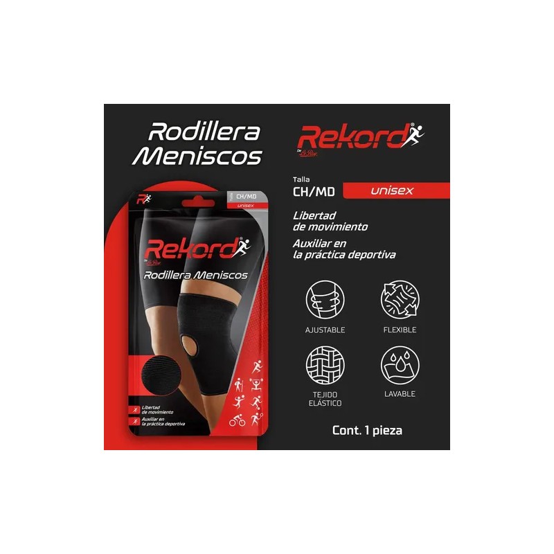 Rodillera Deportiva Rekord Flexible y Ajustable para Meniscos, en Negro