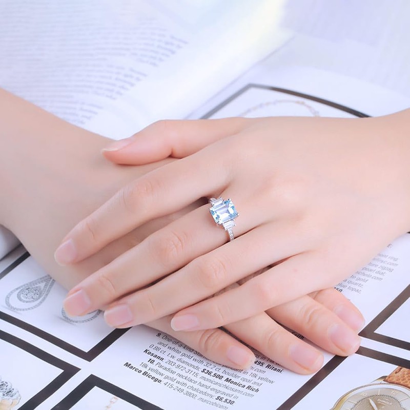 EUSJ Sterling Silver Aquamarine Engagement Ring - Emerald Cut 7