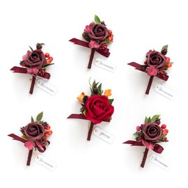 Ling's Moment Boutonniere for Men, 6pcs Groom Groomsmen Boutonniere, Artificial Flowers for Wedding Decor/Prom/Homecoming, etc.Burgundy Red
