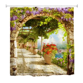 goodbath Garden Shower Curtain, Leaves Flowers Floral Anti Mould Waterproof Bath Curtains for Bathroom Bathtub, 180 x 200 cm