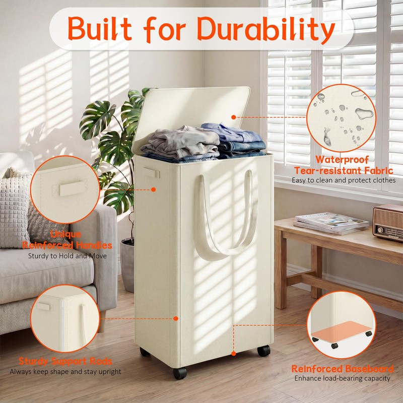 Slim Laundry Hamper with Wheels,20 Gal (75L) Rolling Laundry Basket