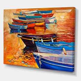 DesignQ Boats In The Harbor During Warm Colourd Sunset I Nautical & Coastal Canvas Wall Art