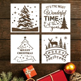 4Pcs Pine Tree Stencils Set 8 x 8 Inches Reusable Deers and Merry Christmas Templates Stencils for Painting on Wood Crafts Card Furniture Window Wall Home Holiday Decor