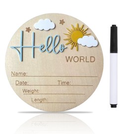Baby Announcement Sign, ​5.9 Inch Wooden Hello World Newborn Signs, Birth Announcement Sign, Sky, Sun and Clouds Decoration, Welcome Newborn Arrival To World, Hospital Nursery for Baby
