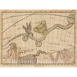 Historic Pictoric Map : Constellations Near Hydra., 1824, Vintage Wall Art : 24in x 18in