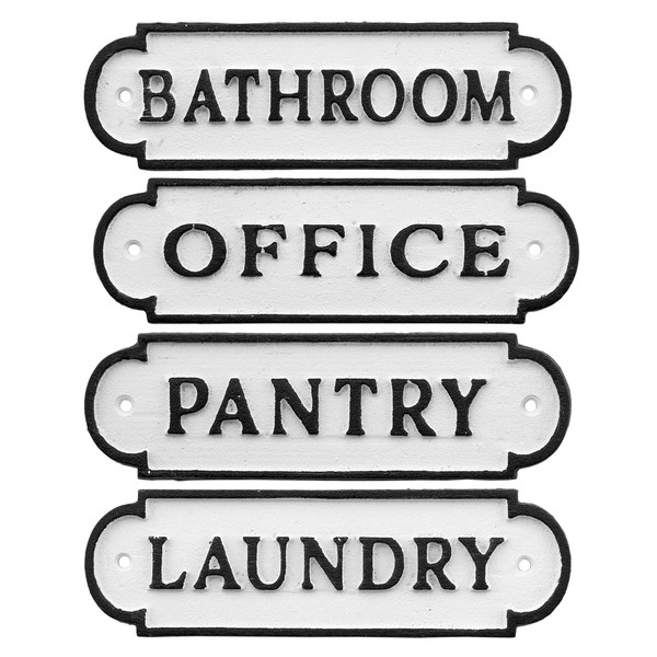 AuldHome Farmhouse Decor Metal Signs, Set of 4 Decorative Cast Iron Door Room Plaques with "Pantry", Office", Bathroom" and "Laundry"