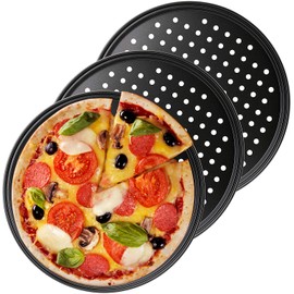 Bekith 3 Pack Pizza Crisper Trays with Holes, 13 inch Round Non-Stick Crisper Carbon Steel Perforated Tray for Home Kitchen, Black