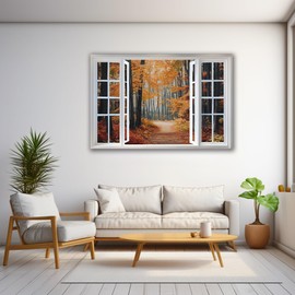 WOOHOOROO Autumn Forest Peel and Stick 3D Fake Window Stickers,Trees and Leaves Removable Wall Mural Decoration,24" x 36"