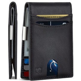 SERMAN BRANDS Mens Money Clip Wallet. RFID Blocking Slim Front Pocket Wallets for Men, Full Grain Leather RFID Minimalist Card Holder (Charcoal Black Navigator)