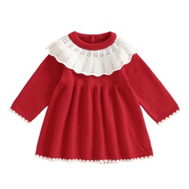 Infant Baby Girl Sweater Dress Fall Winter Outfit Ribbed Long Sleeve Knitted Dresses Toddler Girls Sweaters Playwear (Red, 12-18 Months)