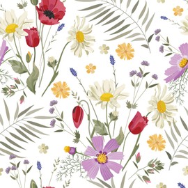 VaryFloral White Floral Wallpaper Colorful Flowers Peel and Stick Wallpaper 30.5cmx300cm Contact Paper Watercolor Daisy Sticky Back Vinyl Tropical Leaves Wall Stickers Vinyl Wrap for Furniture Room