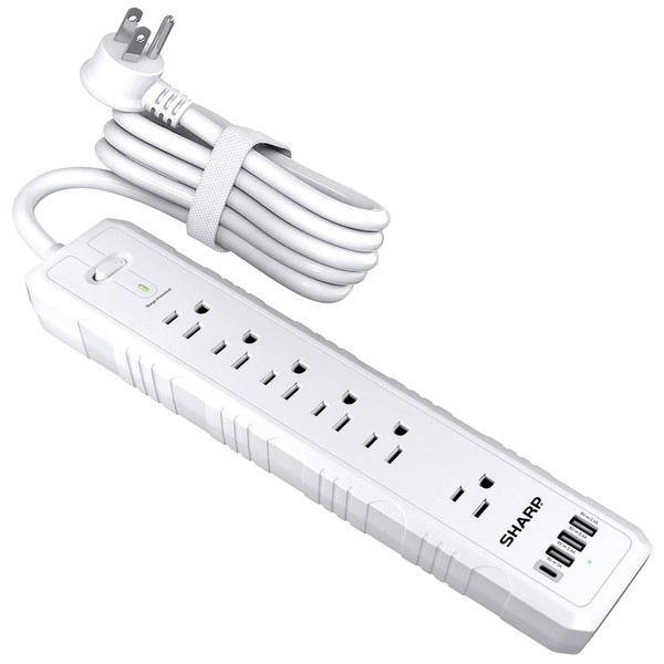 Sharp Power Strip with 6 Surge Protected Outlets and 4 Fast Charge USB Outlets (3 USB-A and 1 USB Type-C), Flat Wall-Hugger Plug and 5 ft. Cord, White
