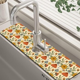 Abstract 70s Mushroom Floral Sink Faucet Absorbing Mat Sink Splash Guard Faucet Mat Draining Mat Fast Drying Sink Protectors for Kitchen and Bathroom 5.5"×24"