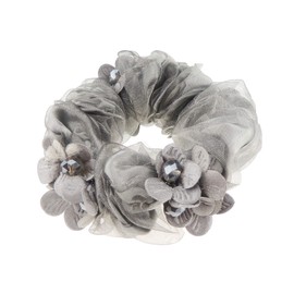 Ladies Girls Chiffon Beaded Floral Hair Tie (Cluster Grey)