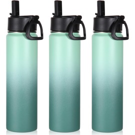 Volhoply 24oz Insulated Water Bottle With Straw Bulk 3 Pack,Metal Wide Mouth Water Bottles With Handle Lid Keep Cold,Reusable Double Wall Cups,Powder Coated Sport Bottle For Holder(Mojito,3 Count)