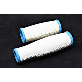 PAIR WHITE with BLUE “HAND STITCH LOOK” BIKE HANDLEBAR GRIPS 2 SIZES 90mm & 125mm for BICYCLES WITH GRIPSHIFT TYPE SHIFTERS ON ONE SIDE ONLY