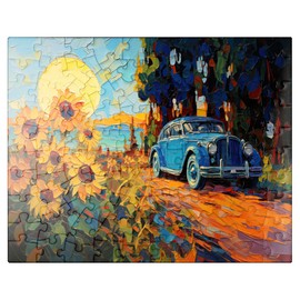 MyPuzzle Vintage Car and Sunflower Field Sunset - Premium 100 Piece Jigsaw Puzzle for Adults