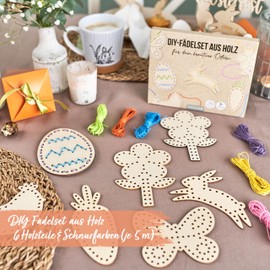 Papierdrachen DIY Wooden Threading Set for Easter - Wooden Play Set with Thread - Craft Fun for Easter Decoration - Safe Material to Promote Fine Motor Skills