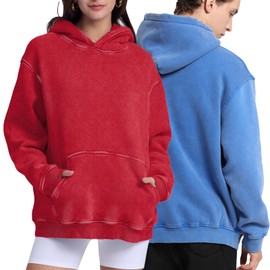 FAIABLE Womens 2 Pack Acid Wash Hoodie Oversized Vintage Hoodie Unisex Heavyweight Hoodie Distress Hoodies for Men Women Red Bright Blue