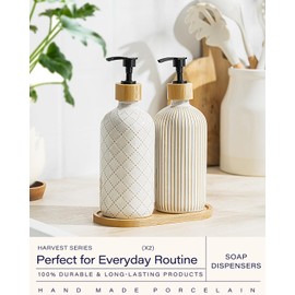 Getstar Hand and Dish Soap Dispenser Set, Ceramic Soap Dispenser for Bathroom and Kitchen with Rust Proof Pump and Tray, Set of 2 (Black Pump)