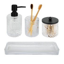 Bathroom Accessories Set,4 Pcs Clear Glass Bathroom Accessories Sets Complete with Lotion Soap Dispenser,Toothbrush Holder,Qtip Holder Dispenser and Vanity Tray,Bathroom Countertop Vanity Organizer