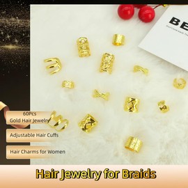 BSARECEY 60Pcs Gold Hair Jewelry for Braids Dreadlock Hair Cuffs Adjustable Braid Rings Loc Decorations Hair Charms for Women Accessories