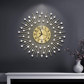 JUGV 24 Inch Crystal Large Modern Metal Starburst Decor, Bling Crystal Wall Clock for Kitchen Office Bedroom Living Room Decorative