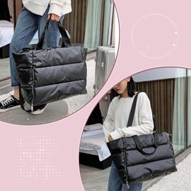 Barsine Puffer Tote Bag for Women, Large Puffy Shoulder Handbag, Lightweight Yoga Bag with Wet Pocket for Travel, Gym, Black