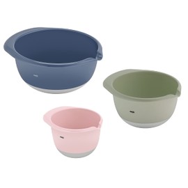 Emsa Prep&Bake 3-Piece Plastic Mixing Bowl Set, 1.4 + 2.8 + 4.7 Litres, Non-Slip Base, Stackable, Pink, Green, Blue, K324S334