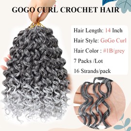 Colorful Queen Grey Curly Crochet Hair 14 Inch GoGo Curl Crochet Hair for Women Short Beach Curl Water Wave Crochet Braids for Women 7 Packs Curly Braiding Hair for Boho Braids (14 Inch, 1B/Grey)