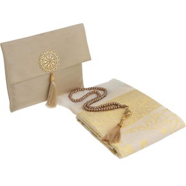 Prien Muslim Prayer Rug With Tasbih Beads and Portable Bag, Muslim Gift For Women Men, Mubarak Islamic Box, Soft Mat Gifts Set, Turkish Carpet For Ramadan, Eid, Hajj, Travel (Brown)