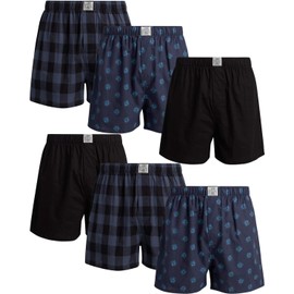 Lucky Brand Men's Boxer Shorts - 6 Pack Classic Cotton Woven Boxers for Men With Functional Fly, Relaxed Fit, Size Medium, Navy/Plaid/Print