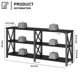 LVB Industrial Entryway Table, Farmhouse Rustic Console Tables Behind Couch, Long Metal Wooden Sofa Table with Storage Shelf, Modern Foyer Hallway Table for Living Room Bedroom, Black Oak, 63 in