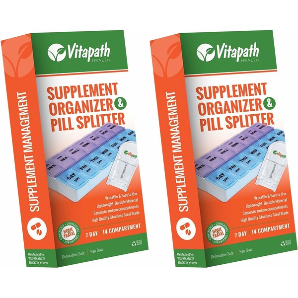 VITAPATH Supplement Organizer & Pill Splitter,  7 Day, 14 Compartment 2 Pack!