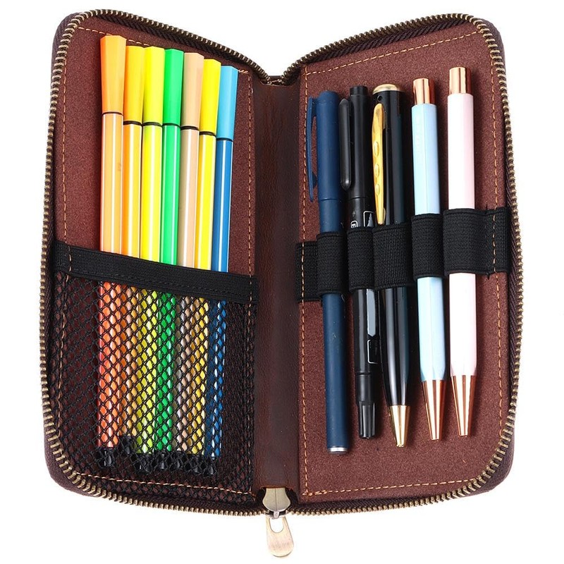 Risedot Zippered Pen Organizer, Leather Zippered Pen Pouch, Fountain Roller