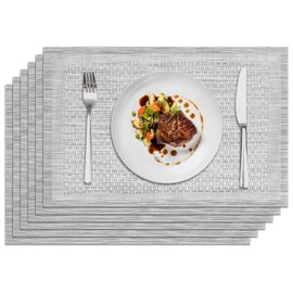 Privalace 18 x 12 inch, Set of 6 PVC Woven Dining Placemat, Heat Resistant Non Slip Washable Table Mats for Home Kitchen, Daily Meals, Resistant Table Protector, Silver